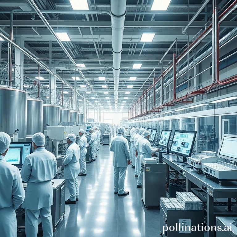 covid19 - A bustling, high-tech vaccine manufacturing plant interior with scientists in cleanroom suits overseeing automated