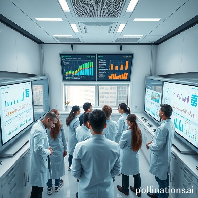 A diverse group of researchers in a modern laboratory analyzing data on large screens, showing charts and graphs related to g