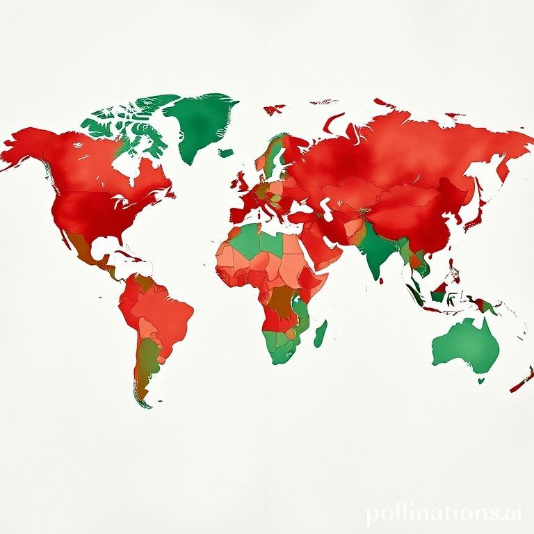 A detailed global map highlighting areas with high pandemic case numbers in red, contrasting with areas showing vaccination rates in green, with a somber, urgent atmosphere, data visualization style, scientific, realistic, 8k quality