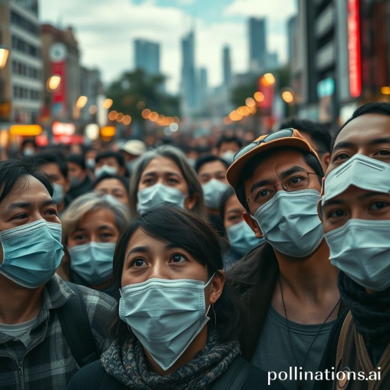 global - A diverse group of people wearing different types of masks in a bustling public space, some looking tired but determ