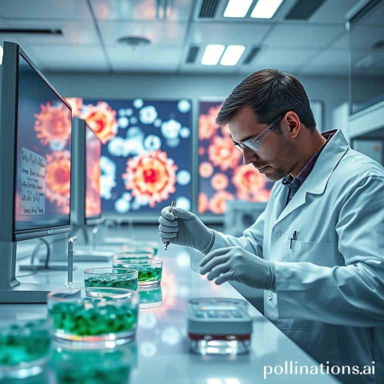 global - A sterile laboratory setting with scientists in white coats carefully examining petri dishes and screens displaying