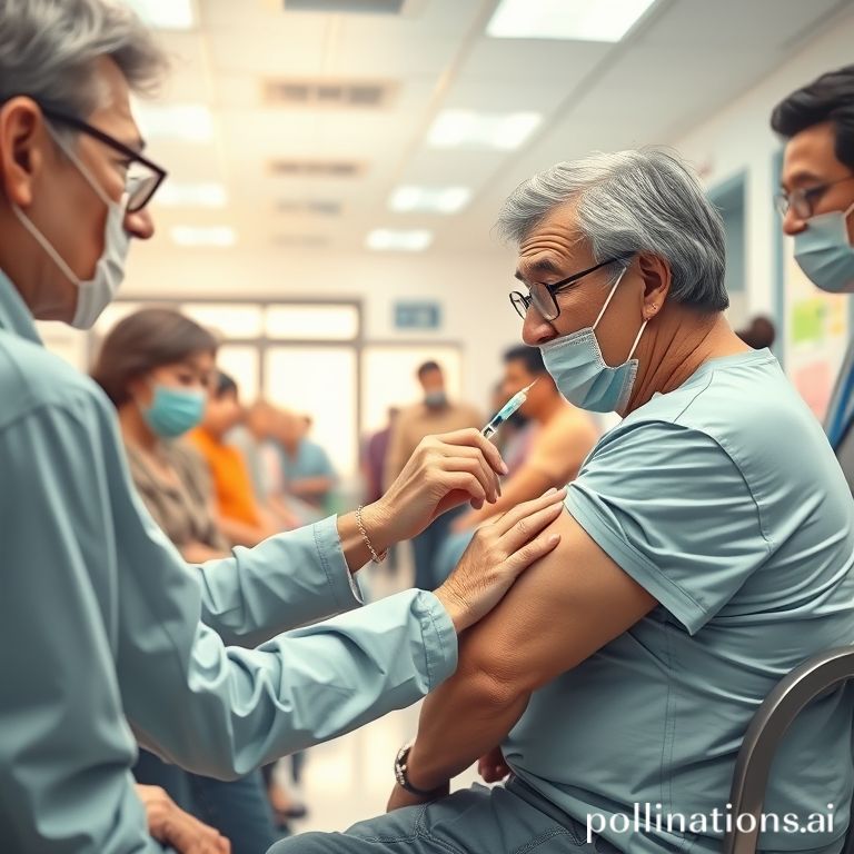 global - A community health worker gently administering a vaccine to an elderly person in a brightly lit, clean community cli