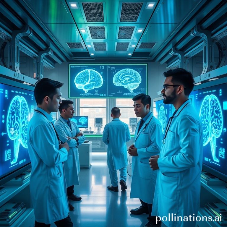 A futuristic medical lab scene with a diverse team of doctors and AI specialists analyzing holographic brain scans and genetic data on transparent screens, vibrant blue and green light, high-tech, collaborative, ultra realistic, highly detailed, 8k quality, photorealistic