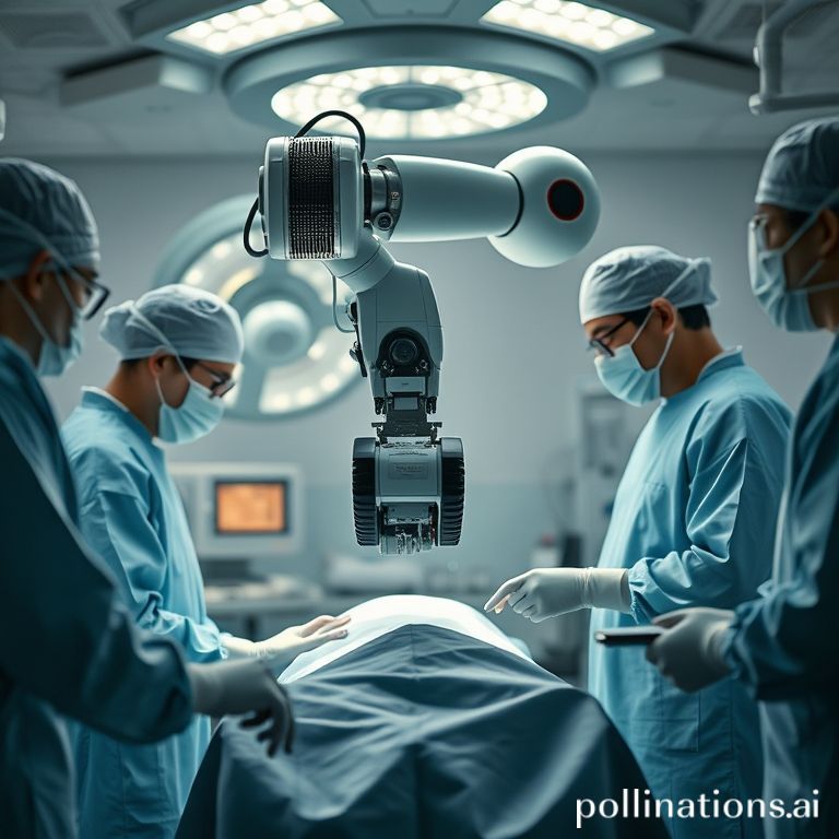 aipowered - A robotic surgical arm meticulously performing a delicate procedure on a patient in an operating room, surgeons o