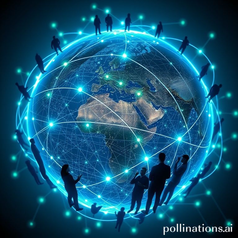 A stylized globe with interconnected glowing lines representing digital data flow and trade routes, surrounded by diverse human silhouettes working together, vibrant blue and green colors, futuristic yet grounded, high detail, 8k quality, digital art