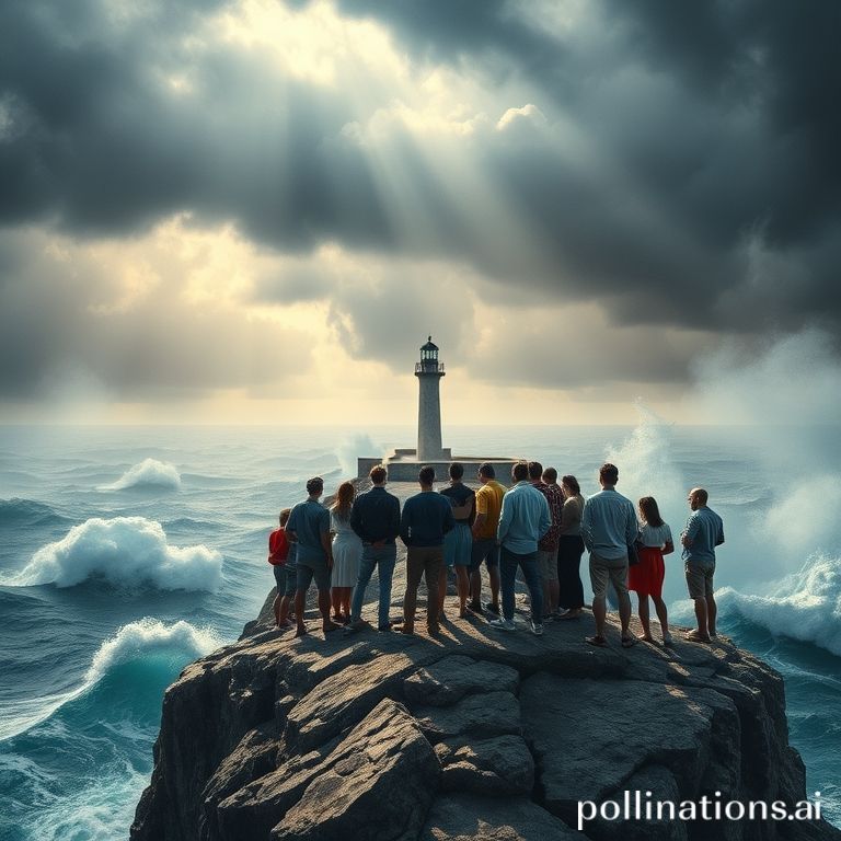proven - A diverse group of people standing resiliently on a rocky outcrop overlooking a turbulent, stormy sea, with a lighth