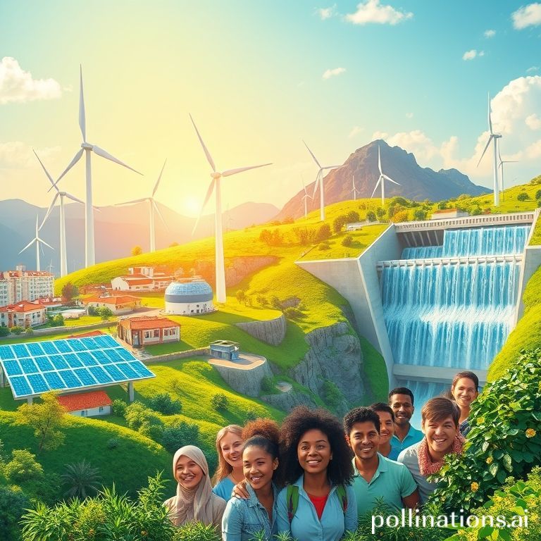 global - Vibrant graphic illustration of renewable energy sources – wind turbines on a green hill, solar panels covering ro