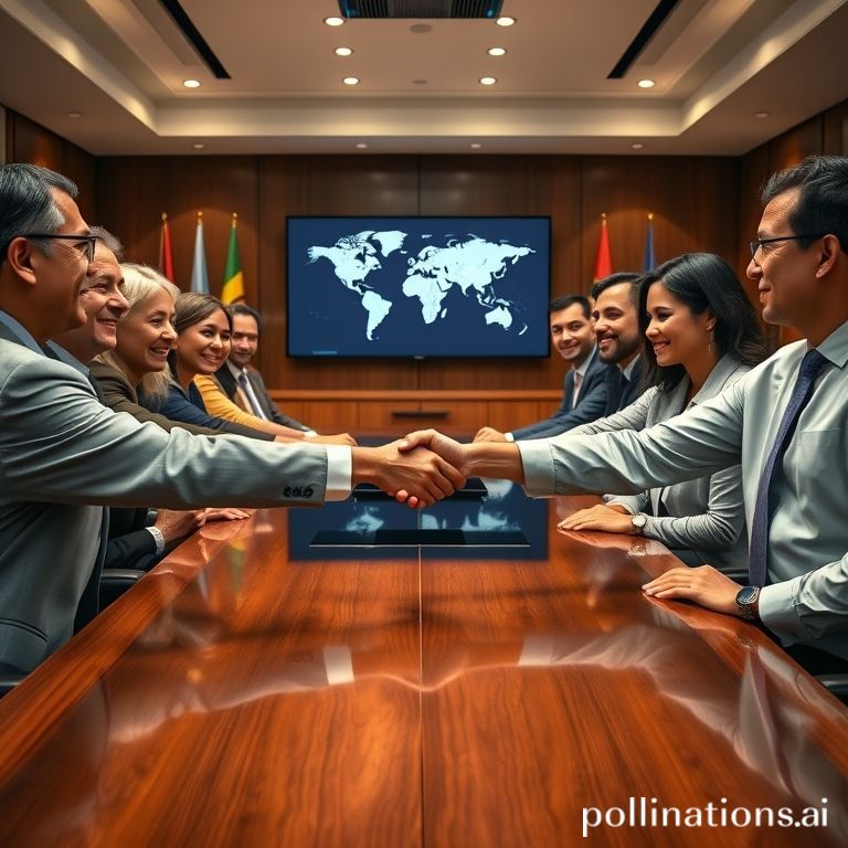 global - Diverse group of diplomats and humanitarian aid workers shaking hands around a large, polished wooden table in a for