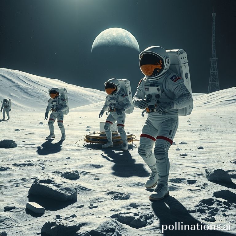 artemis - Astronauts in advanced spacesuits exploring a futuristic lunar habitat on the Moon's surface, with Earth visible in