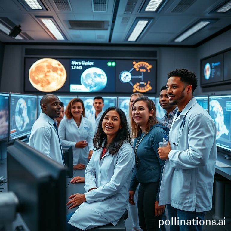 artemis - A diverse group of young scientists and engineers collaborating excitedly in a modern control room, looking at larg