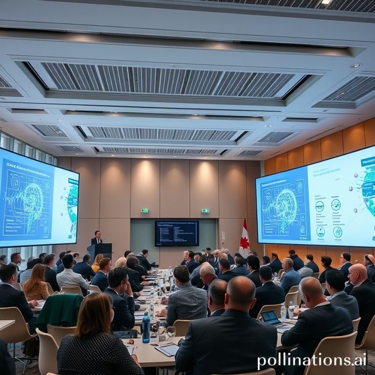 Global AI Governance Summit in Geneva, diverse group of international delegates in a modern conference room, serious discussions, large screens displaying AI-related data, professional and collaborative atmosphere, natural light, high-resolution, photorealistic