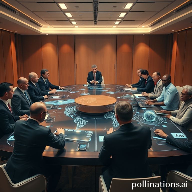 A diverse group of global leaders in suits and traditional attire shaking hands around a large, futuristic conference table with holographic projections of AI data, representing international collaboration and agreement, warm lighting, diplomatic atmosphere, high detail, cinematic, 8k quality, photorealistic
