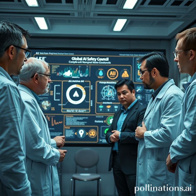 A diverse group of scientists and ethicists from different countries collaborating around a large interactive screen displayi