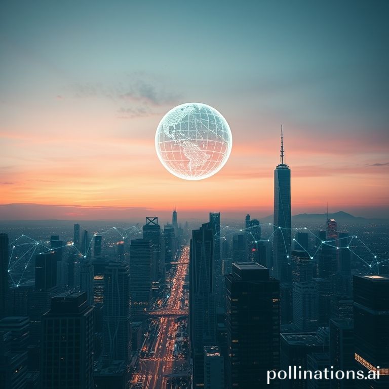 A futuristic cityscape at dusk, with glowing data lines connecting buildings and a subtle holographic globe hovering in the s