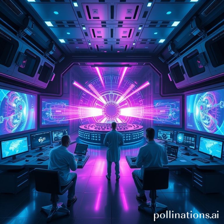 A futuristic control room with scientists observing holographic displays showing plasma containment in a fusion reactor, vibrant blue and purple energy flowing, sense of scientific triumph and global collaboration, high-tech, cinematic, ultra realistic, highly detailed, 8k quality, photorealistic