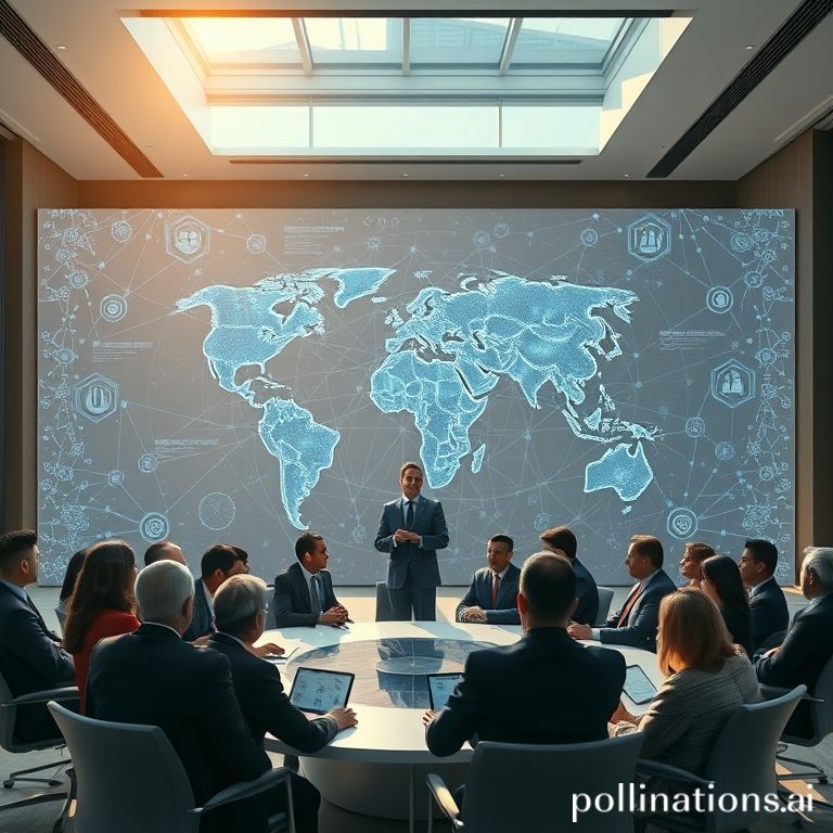 A diverse group of world leaders and AI experts in a modern, sunlit conference hall, actively engaged in discussion around a large holographic display showing intertwined global networks and ethical AI principles. The mood is collaborative and forward-looking, with a subtle sense of urgency. Cinematic lighting, ultra-realistic, highly detailed, 8k quality, photorealistic.