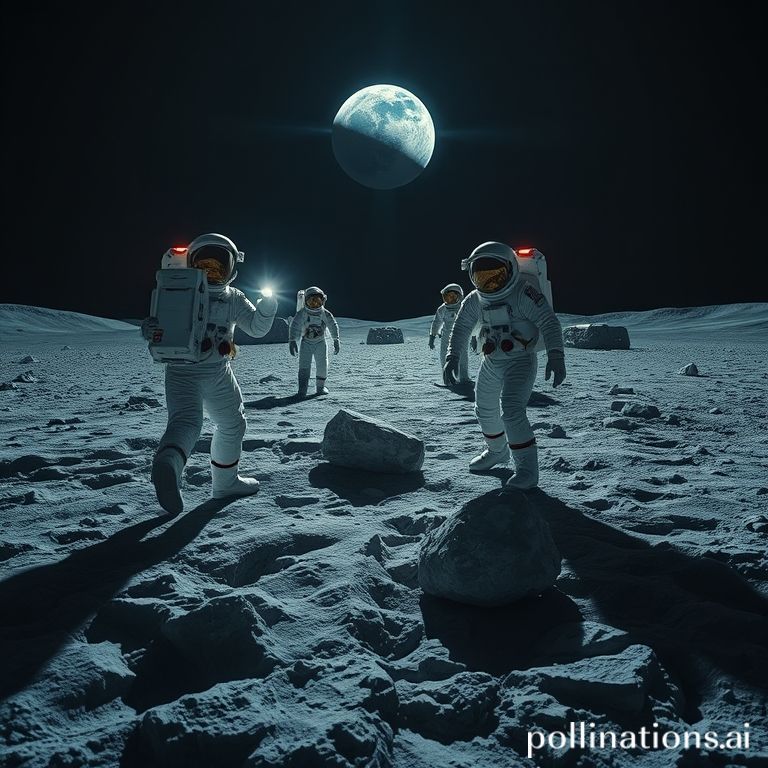 essential - Astronauts in next-generation spacesuits exploring the dark, cratered terrain of the lunar South Pole, headlamps