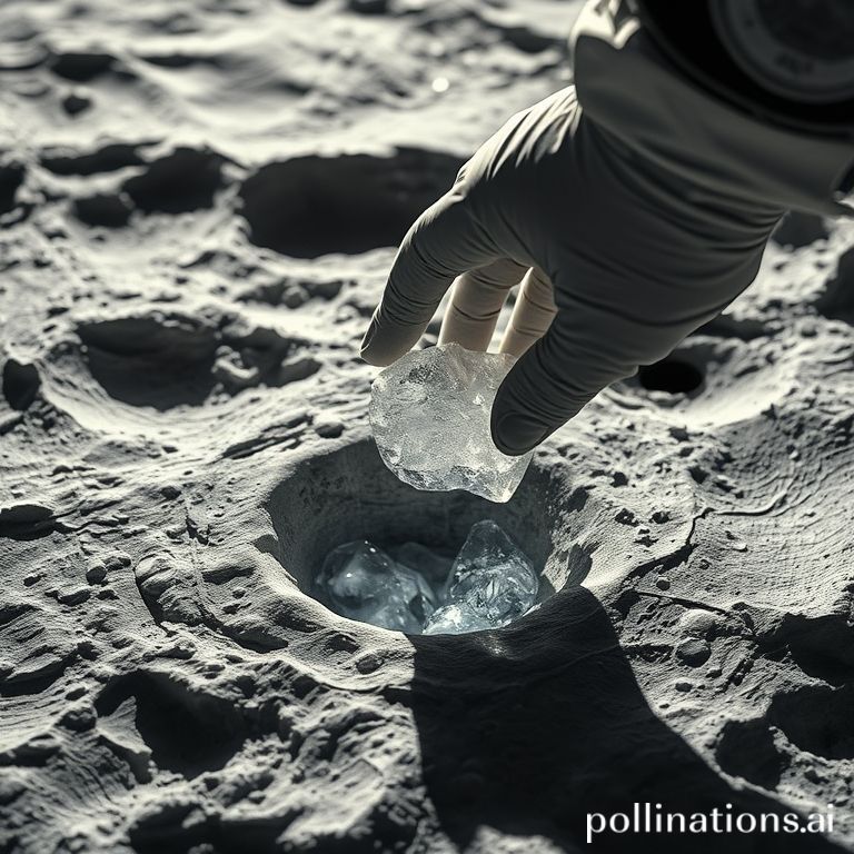 essential - Close-up of an astronaut's gloved hand collecting a sample of what appears to be water ice from a shadowed lunar