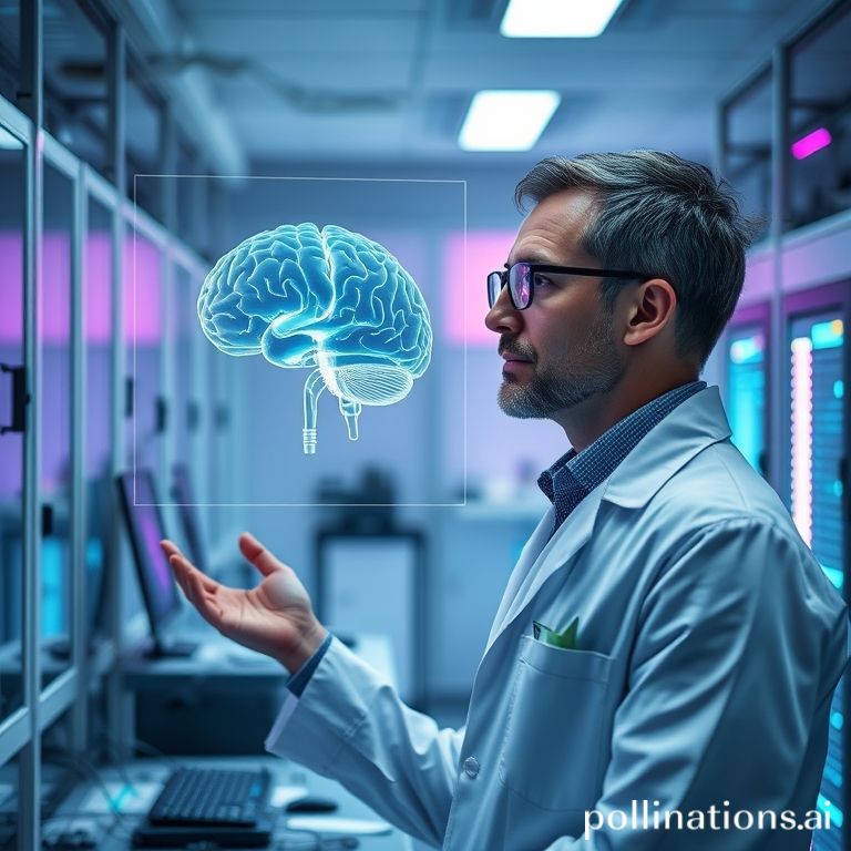futuristic laboratory scene with a scientist observing a holographic representation of a human brain connected to a sleek, metallic implant, surrounded by advanced computing equipment and soft blue and purple lighting, representing the first commercial BCI approval, highly detailed, photorealistic, 8k
