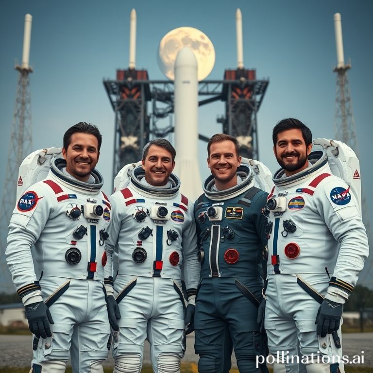 Four diverse astronauts in modern NASA flight suits smiling, standing in front of a large rocket launchpad with the Moon visible in the background, representing the Artemis III crew announcement, vibrant colors, inspirational, cinematic, ultra realistic, highly detailed, 8k quality, photorealistic