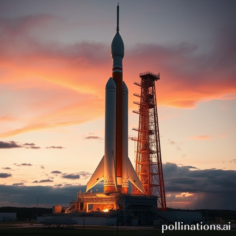 nasa - The massive orange and white Space Launch System (SLS) rocket launching from a Kennedy Space Center launchpad, exhaust