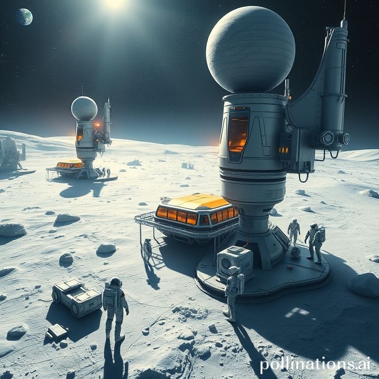 nasa - A futuristic lunar base with several modules and vehicles, astronauts in advanced spacesuits working near a habitat, E