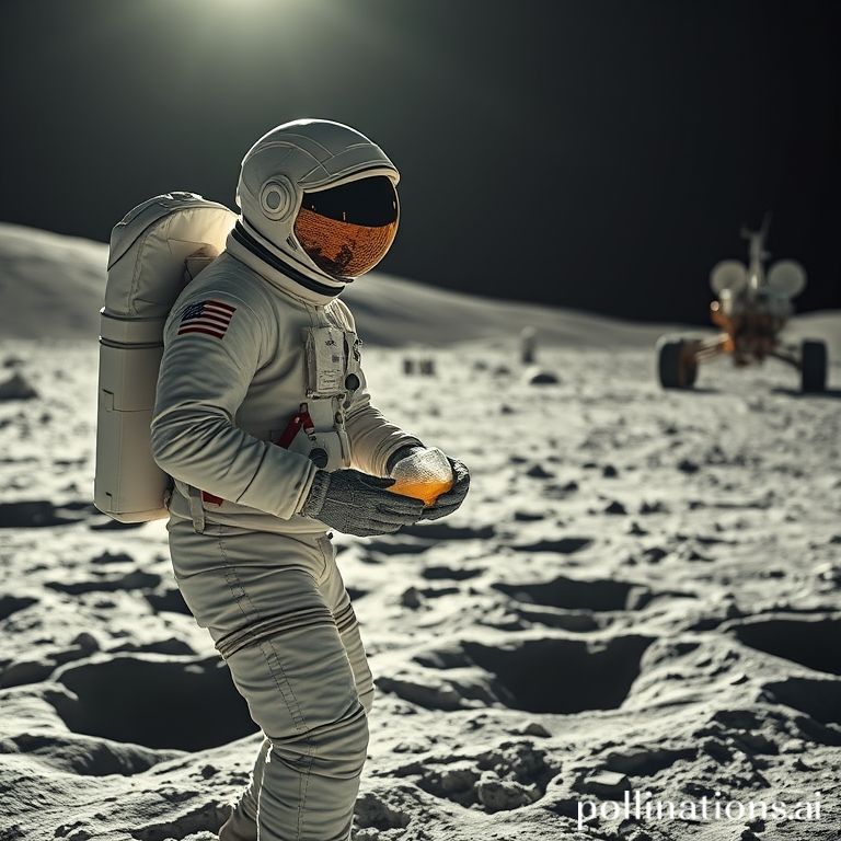 nasa - An astronaut in a white, advanced spacesuit collecting samples from the lunar surface near a dark, cratered area, sunl