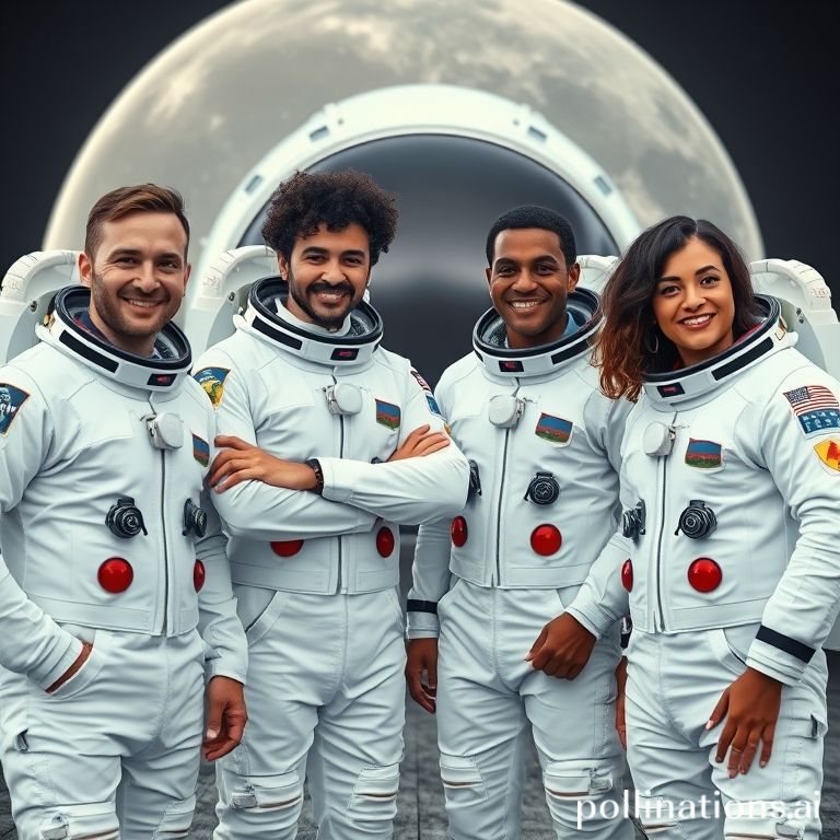 A diverse group of four astronauts in modern white spacesuits, standing proudly with the Orion spacecraft in the background, a subtle lunar landscape visible. They are smiling and confident, representing different ethnicities and genders. The image should be inspirational, high-resolution, and photorealistic, with cinematic lighting and a slightly wide-angle lens.