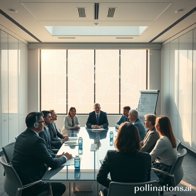 A diverse group of executives and policymakers in a modern, sunlit conference room, engaged in a serious discussion about AI ethics, with a holographic display showing data points and regulatory symbols. The mood is collaborative yet focused, with a clean, professional aesthetic, ultra realistic, highly detailed, 8k quality, photorealistic