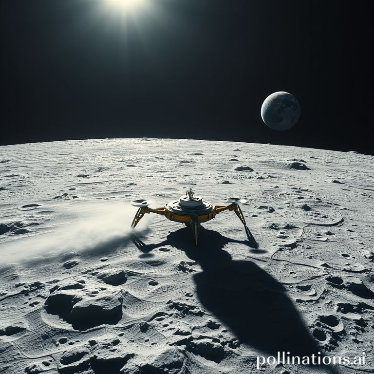 A futuristic lunar lander descending gracefully onto the rugged, cratered surface of the Moon's South Pole, bathed in the stark contrast of bright sunlight and deep, permanent shadows. The lander's thrusters are firing gently, kicking up fine lunar dust. Earth is visible in the distance, a blue marble against the blackness of space. Cinematic, ultra realistic, highly detailed, 8k quality, photorealistic