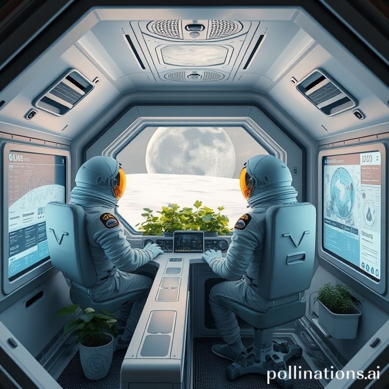 essential - Inside a compact yet highly functional lunar habitat module, two astronauts in casual wear are working at a conso