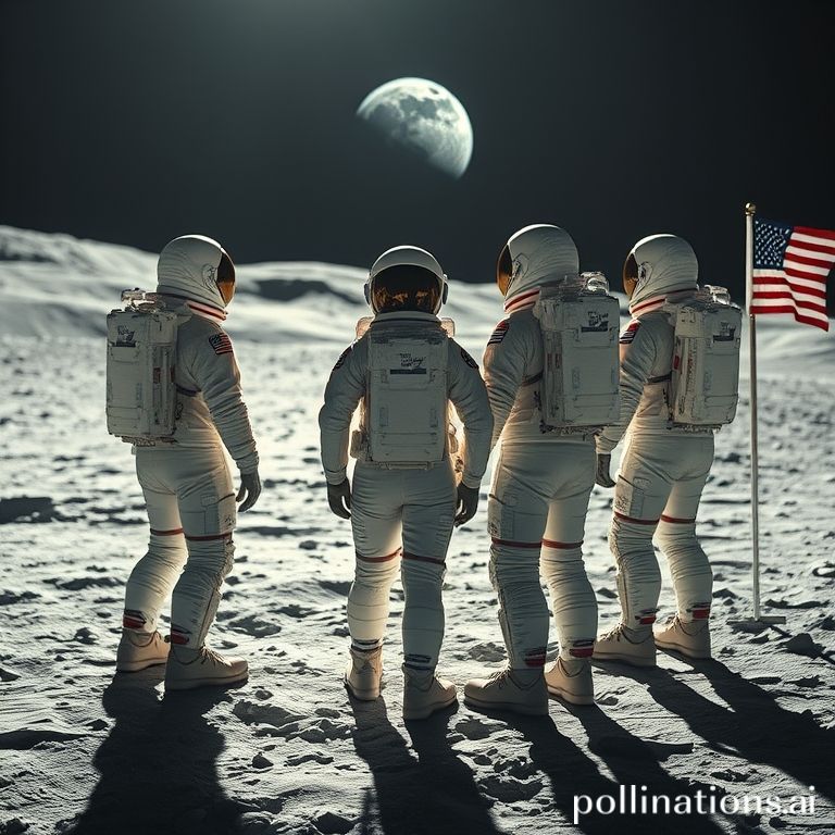 A diverse group of four astronauts in modern spacesuits standing on a lunar surface, looking at Earth in the distance. One astronaut is clearly a woman and another is a person of color. The scene is illuminated by harsh lunar light, with the American flag planted nearby. The overall mood is inspirational and futuristic, highly detailed, 8k quality, photorealistic.