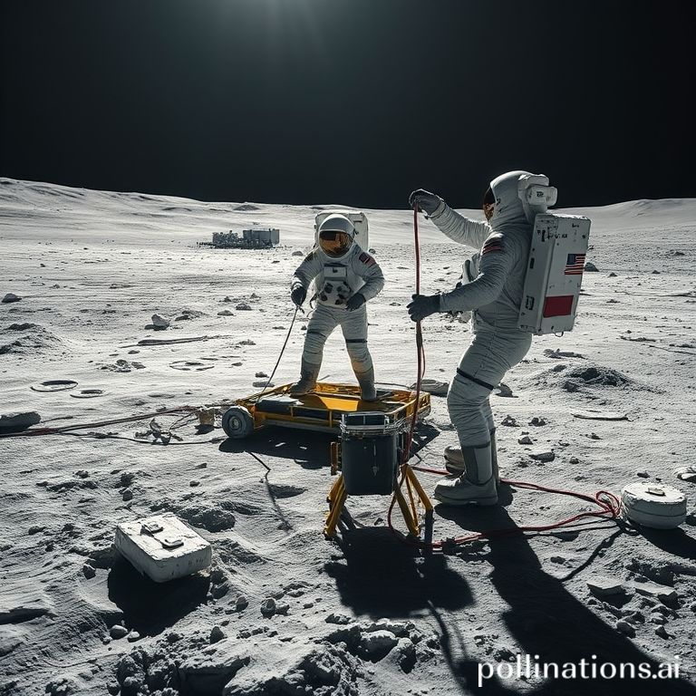 essential - Astronauts collecting lunar regolith samples near a permanently shadowed crater at the Moon's South Pole, with sp