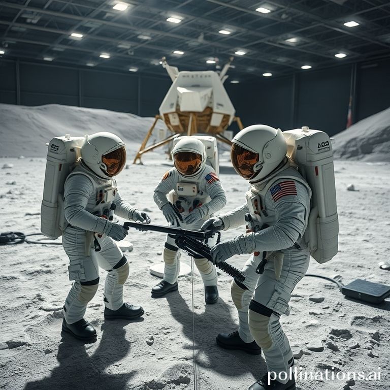 essential - Astronauts in full training gear practicing lunar surface operations in a large, simulated lunar landscape facili