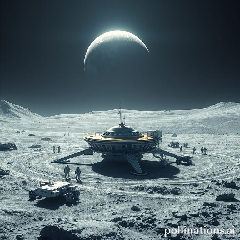 essential - A futuristic lunar base with several habitat modules, rovers, and a landing pad, all under the soft glow of Earth