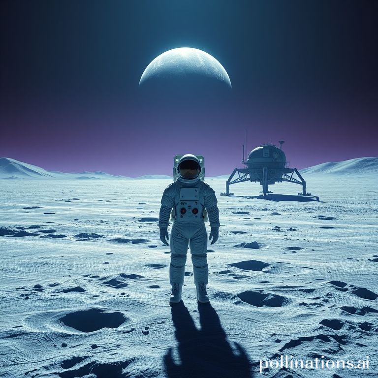 futuristic astronaut standing on the lunar south pole, looking at Earth, with a lunar lander in the background, showing shadowed craters and a desolate yet majestic landscape, blue and purple hues, ultra realistic, highly detailed, cinematic lighting, 8k quality, photorealistic