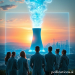 A diverse team of scientists and engineers looking up at a holographic projection of a futuristic fusion power plant, glowing with blue and white energy, set against a backdrop of a sunrise over a clean, green city, conveying hope and innovation, cinematic, ultra realistic, highly detailed, 8k quality, photorealistic, first step towards a new era.