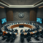 A solemn UN Security Council meeting in 2025, delegates from various nations seated around a horseshoe table, screens displaying data on autonomous AI weapons, a serious and urgent atmosphere, muted blues and grays, cinematic, ultra realistic, highly detailed, 8k quality, photorealistic