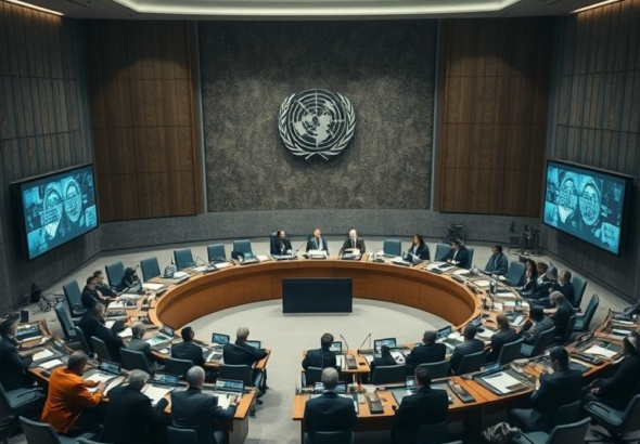 A solemn UN Security Council meeting in 2025, delegates from various nations seated around a horseshoe table, screens displaying data on autonomous AI weapons, a serious and urgent atmosphere, muted blues and grays, cinematic, ultra realistic, highly detailed, 8k quality, photorealistic