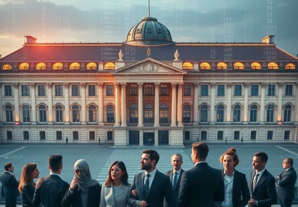 futuristic European Parliament building with a holographic overlay of AI code and a diverse group of **Global Tech Leaders** in business attire looking thoughtfully, representing adaptation and compliance, cinematic lighting, 8k, photorealistic
