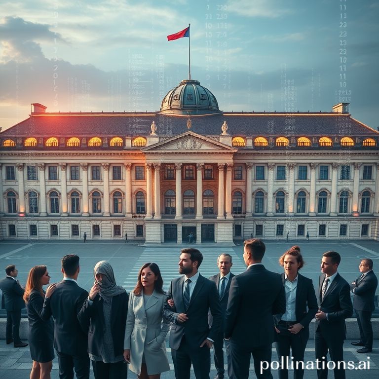 futuristic European Parliament building with a holographic overlay of AI code and a diverse group of **Global Tech Leaders** in business attire looking thoughtfully, representing adaptation and compliance, cinematic lighting, 8k, photorealistic