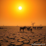 A scorching African landscape under a harsh sun, with cracked earth, wilting crops, and a small, emaciated herd of cattle seeking shade. The sky is hazy and orange, conveying extreme heat and drought. Desaturated colors, stark realism, wide shot, 8k quality, photorealistic