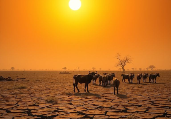 A scorching African landscape under a harsh sun, with cracked earth, wilting crops, and a small, emaciated herd of cattle seeking shade. The sky is hazy and orange, conveying extreme heat and drought. Desaturated colors, stark realism, wide shot, 8k quality, photorealistic