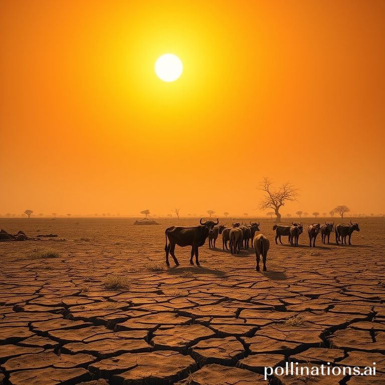 A scorching African landscape under a harsh sun, with cracked earth, wilting crops, and a small, emaciated herd of cattle seeking shade. The sky is hazy and orange, conveying extreme heat and drought. Desaturated colors, stark realism, wide shot, 8k quality, photorealistic