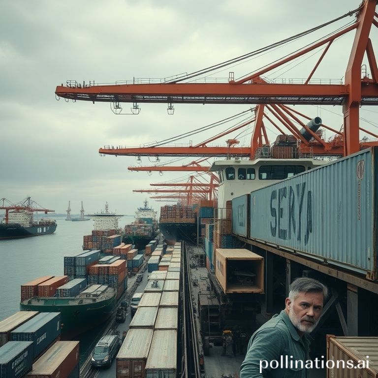 essential - A bustling port scene with cargo ships and containers, but with elements of scarcity or disruption – perhaps em