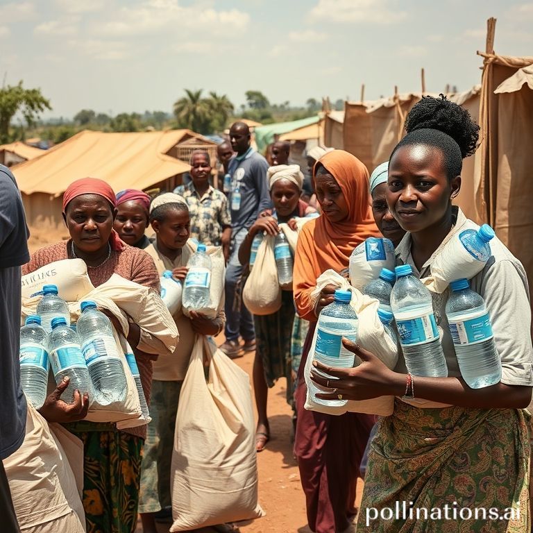 essential - Humanitarian aid workers distributing sacks of food and water bottles to a line of people in a sun-baked village