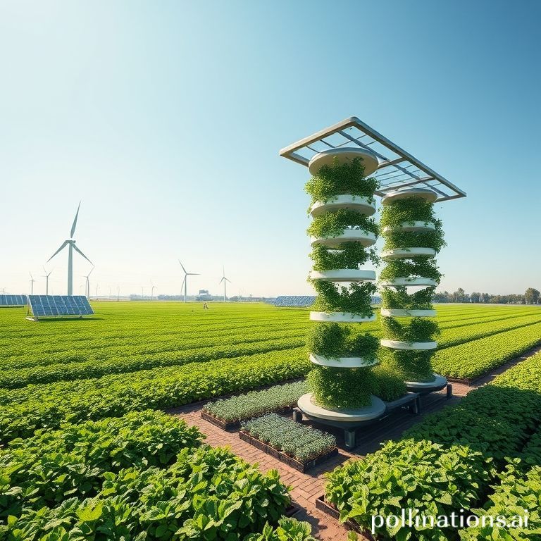 essential - A futuristic, sustainable farm with vertical gardens and advanced irrigation systems, surrounded by healthy, gree