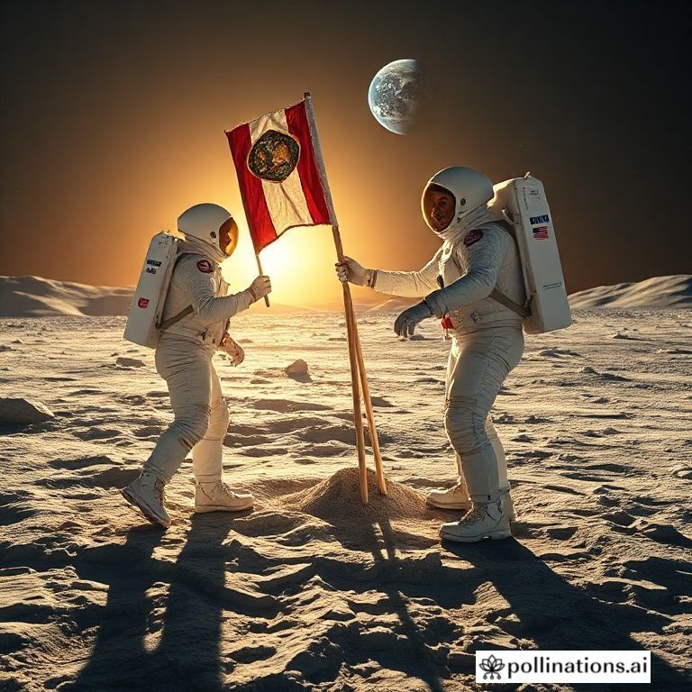 A dramatic and inspiring scene of the Artemis III crew planting a flag on the lunar surface, with the Earth visible in the background, showing one female and one person of color astronaut in advanced white spacesuits, high-resolution, cinematic, realistic, wide-angle shot, golden hour lighting, depicting the historic first steps of the Artemis Iii Crew on the Moon