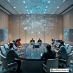 Global leaders from diverse backgrounds seated around a large, futuristic conference table, engaged in serious discussion. Holographic projections of data and complex algorithms float above the table, indicating the topic of AI governance. The room is modern, with soft, diffused lighting, conveying a sense of urgency and importance. High detail, cinematic, photorealistic, 8k quality.