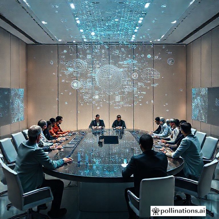 Global leaders from diverse backgrounds seated around a large, futuristic conference table, engaged in serious discussion. Holographic projections of data and complex algorithms float above the table, indicating the topic of AI governance. The room is modern, with soft, diffused lighting, conveying a sense of urgency and importance. High detail, cinematic, photorealistic, 8k quality.